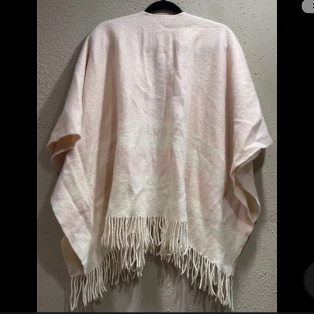 Girly Pink Cozy PONCHO with White Stripes and FRINGES Fits Plus Sizes 1X or 2X - Picture 3 of 7